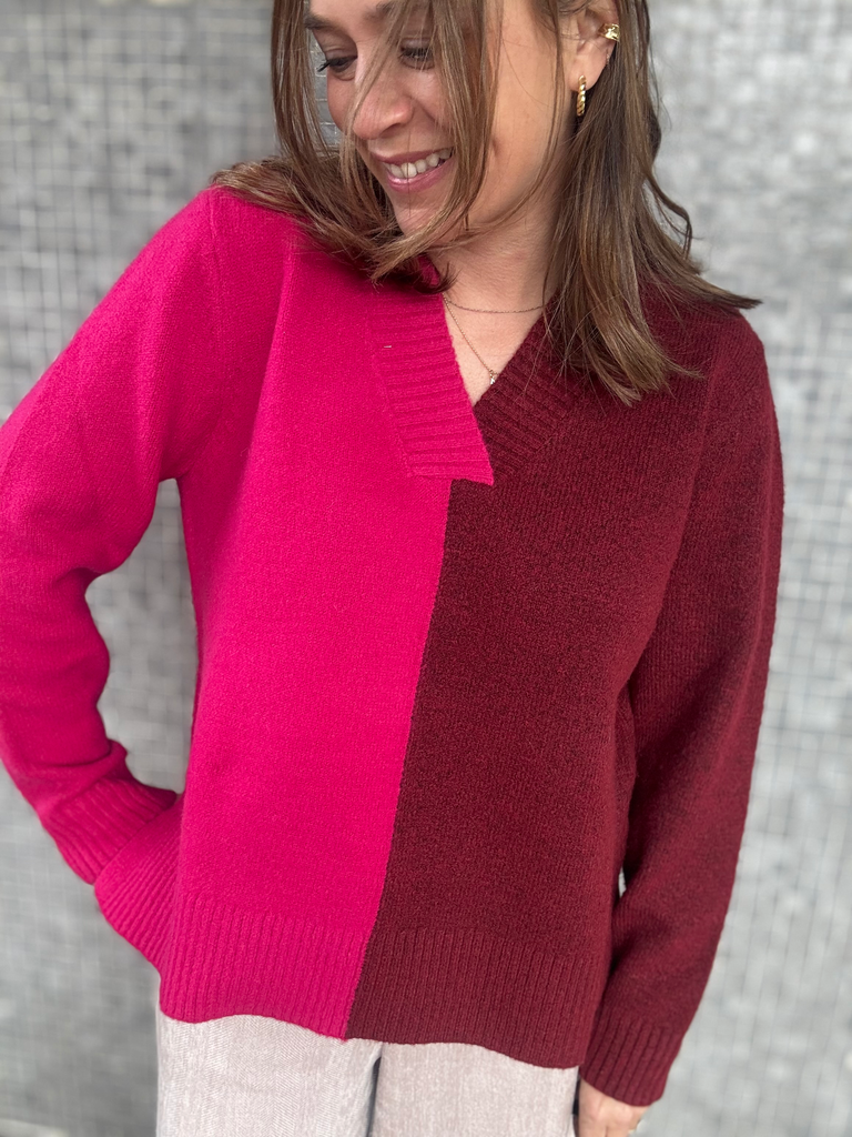 PULL COL V ROSE ROUGE